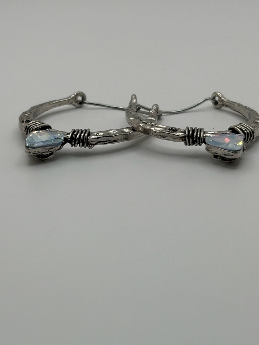 Silver Tone Hoop Earrings Iridescent Crystal Boho Statement Jewelry